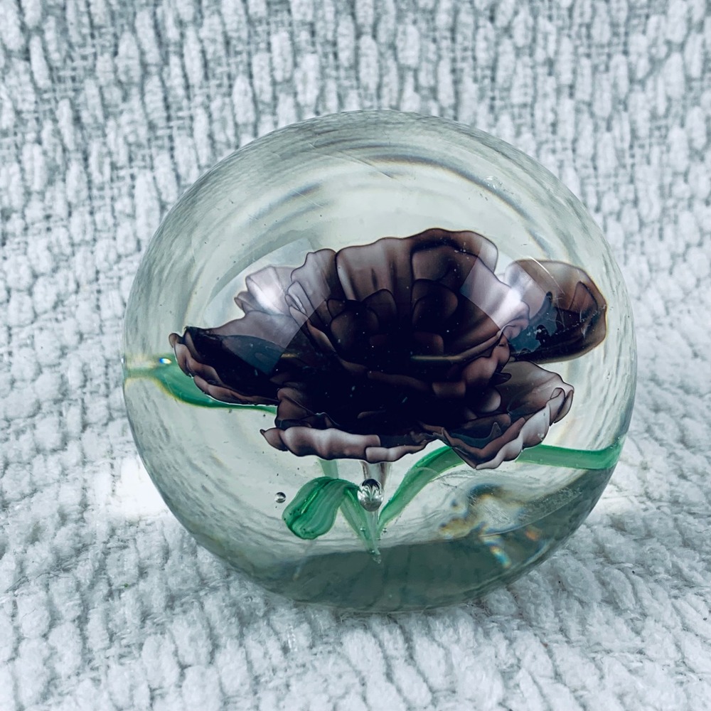Vintage Glass Art Paperweight Encased‎ Purple Iris Rose Flower Floral Green Stem
